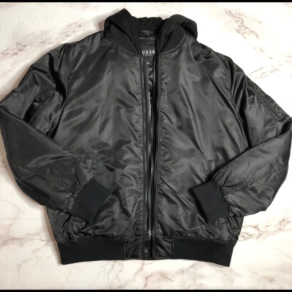 NWOT GUESS Men Hooded Bomber Jacket Double Zip Up